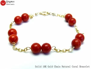 Genuine Solid 18K Gold Chain Bracelet for Women & Round Red Coral Bracelet 7.5" - Picture 1 of 18