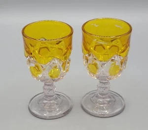 2 Antique EAPG Bryce Bros Yellow "Block" Stain Juice Wine Cordial Goblets - Picture 1 of 13