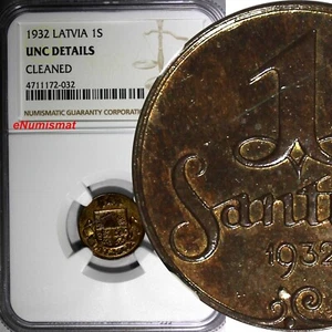 Latvia Bronze 1932 1 Santims NGC UNC DET.Struck at Switzerland. KM# 1 (032) - Picture 1 of 4