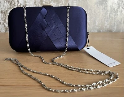 Jacques Vert Hard Case Navy Blue Satin Clutch Shoulder Bag Elegant Wedding Races - Image 1 of 4