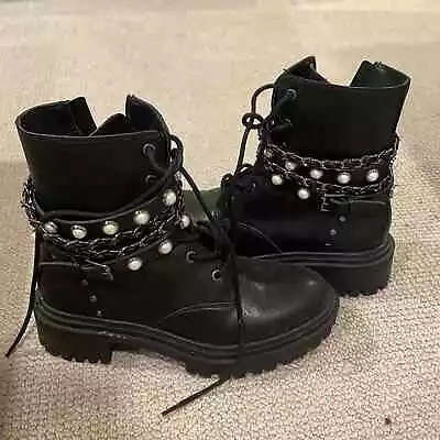 Bershka 6 Pearl chain black combat boots fall winter cute stylish Moto - Image 1 of 4