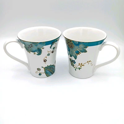 Pair of  222 FIFTH ELIZA TEAL 8 Oz. Coffee Cups / Mugs 4.25” - Image 1 of 4