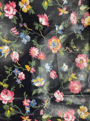 Vintage 1950's Red Blue Yellow Floral Black Cotton EverglazeBeauford 1 Y #21 - Image 1 of 4