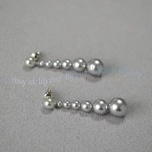 Gray Shell Pearl Imitation Pearl Round Beads Dangle Silver Stud Earrings 4-14mm - Picture 1 of 6