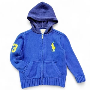Ralph Lauren Big Pony Full-Zip Knit Hooded Sweater Baby 24M Preppy Blue Yellow - Picture 1 of 8