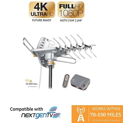  125 millas LAVA HD-2605, antena de TV exterior Ultra 4K, HDTV UHF/VHF motor giratorio Foto 1 de 4