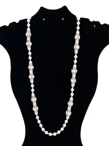 Miriam Haskell VTG White Milk And Pink Glass Necklace 30" L Rare Retro Flowers - Picture 1 of 6