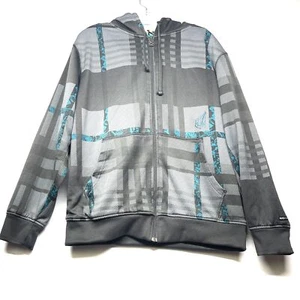 Volcom Hoodie Youth Large Gray Plaid Fleece Lined Long Sleeve Classic Full Zip - Picture 1 of 16