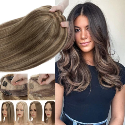 Women 100% Human Hair Topper Toupee Clip In Lace Silk Mono Base Piece Top Wiglet - image 1 of 4