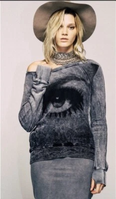 Pam & Gela Womens Grey Black Eye Sweatshirt Thumbholes Zipper High Low XS FLAW - Image 1 of 4