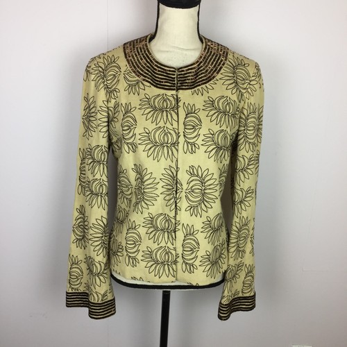 Giacca blazer lino Tory Burch taglia 8 donna beige marrone ricamato manica svasata