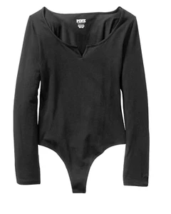 PINK VICTORIA'S SECRET BLACK LONG SLEEVE COTTON BODYSUIT TOP TEE size L - Picture 1 of 3
