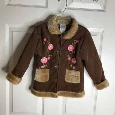 Girls Faux Fur Lined Velvet Coat Floral Embroidery Brown/Pink ~ Size 5 - Image 1 of 4