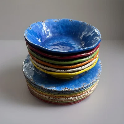 Pier 1 Mixed Carmelo Melamine Crackle Set Plates And Bowls For Summer BBQ 16PCS - Image 1 of 4