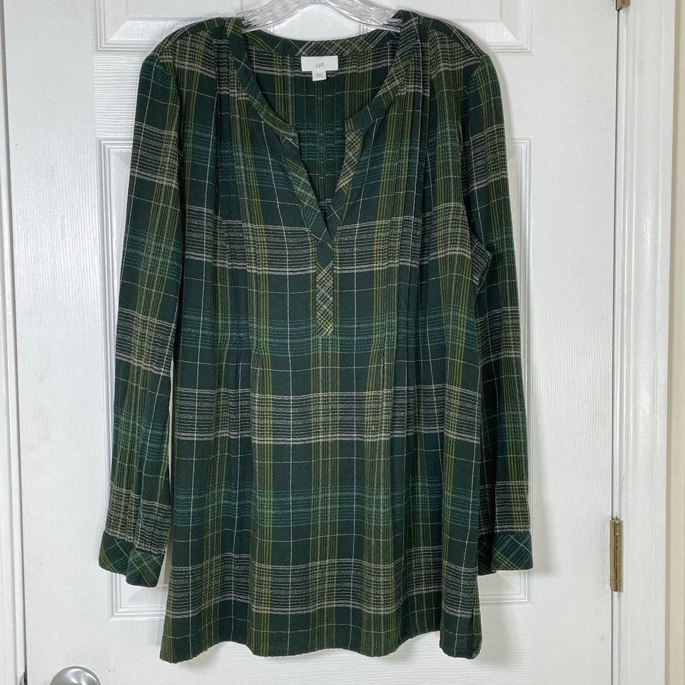 Blusa túnica J. Jill a cuadros pintucked popover para mujer L verde plisada cuello en V Foto 1 de 4