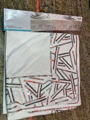 NEXT XL White Silver Sequin tablecloth rectangular cotton 150cm x 250cm BNWT - Image 1 of 3