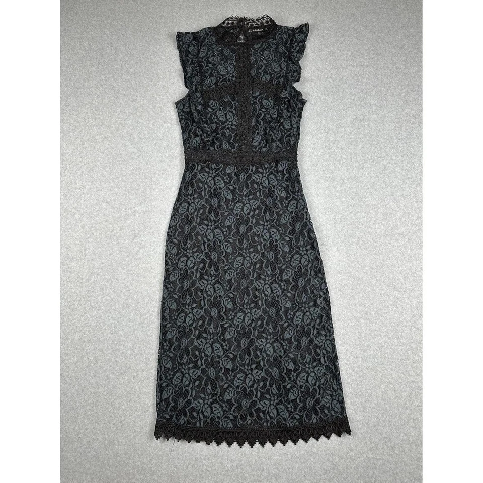 Zara Dress Womens S Black/Green Floral Lace Midi High Neck Ruffle Sleeve - Image 1 of 4