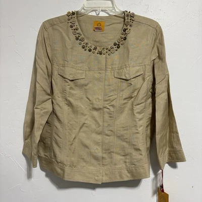 Ruby Rd. Women's Linen Blazer Tan Neutral Khaki Snap closure 3/4 Sleeve Button - Image 1 of 4