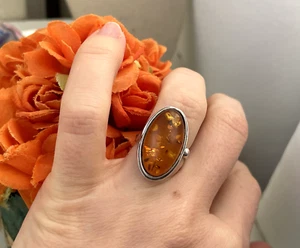 GORGEOUS VINTAGE MODERNIST 925 SOLID STERLING SILVER AMBER RING SIZE M 6 - Picture 1 of 16