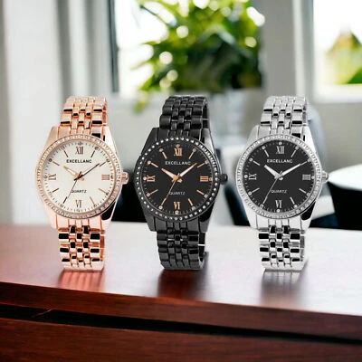 EXCELLANC Damenuhr Edelstahl Gliederband 39mm silber rosegold schwarz Strass - Bild 1 von 4