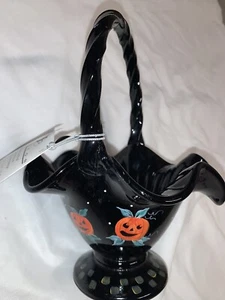 "Cesta de vidrio Fenton pintada a mano calabazas halloween jack o linternas 9 1/2""" - Imagen 1 de 11