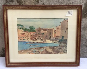 DIPINTO ACQUERELLO MARE BARCHE FIRMATO R.GILLES 1953 QUADRO CORNICE IN LEGNO - Imagen 1 de 8