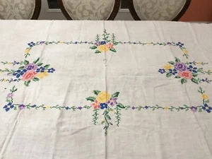 Vintage Tablecloth 63x48 Spring Flowers Roses Floral Cross stich Handmade Read - Picture 1 of 12