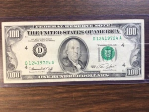 1974 Series 100 Dollar Bill Federal Reserve Cleveland Serial Number D 12419724 A - Picture 1 of 2