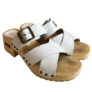 y2k Candies sandals US womens 8.5 white leather criss cross wooden clog studded - Picture 1 of 12