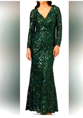Vestido para mujer Adrianna Papell verde lentejuelas encaje cuello en V talla 12 Foto 1 de 4