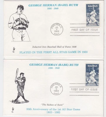 TurtlesTradingPost- Babe Ruth  1983 #2046 FDC- GB Jester Cachet- Set of 2 - Image 1 of 3