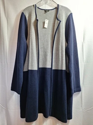 NWT$ TALBOTS Wool Blend Long Open Front Cardigan Sz 2X Gray Blue Colorblock - Image 1 of 4
