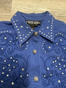 Vtg Silver Mesa Western Embroidered Blinged Shirt Rockabilly Blue Y2K Sz  M - Picture 1 of 11