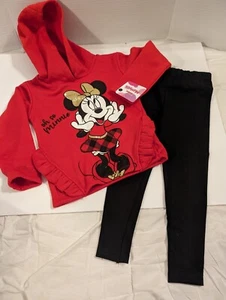 Girls Disney Minnie Jr Red Hooded Fleece Top & Blk Leggings Size 4T - Picture 1 of 9