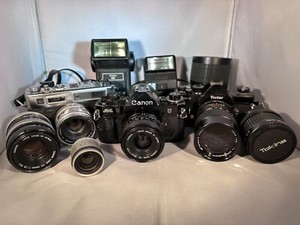 Large Lot Of Vintage Camera Lenses, Flashes, Canon A-1 With Extra Lens 2 Total