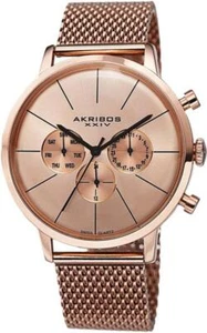 Akribos XXIV AK714RG Swiss Quartz Day Date GMT Mesh Bracelet Rosetone Mens Watch - Picture 1 of 5