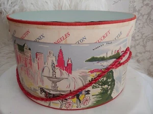 VTG 1950's SPECIAL HAT BOX 12" ROUND🌺TRAVEL THEME Graphics PASTEL VERY Good - Picture 1 of 12