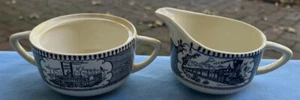 Royal China Currier and Ives Creamer and Covered Sugar Bowl Steamboat and Buggy - Picture 1 of 4