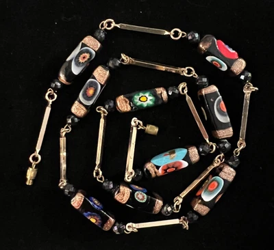 Vintage Italian Murano Millefiori Glass Beaded Necklace Rectangle Goldstone - Image 1 of 4