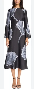 Nwt Donna Morgan Midi Dress Black Gray Floral Print Cutout Tie Back Size 10 - Picture 1 of 7