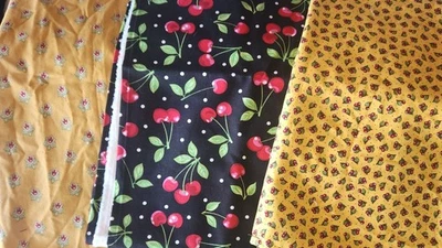 Vintage Fabric Lot Cherries Mary Engelbreit Cranston Yellow Fruit Basket Black + - Image 1 of 4