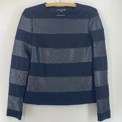 Blusa RACHEL ZOE preta listra de lantejoulas grossa manga longa gola redonda XS zíper superior NYE - Imagem 1 de 4