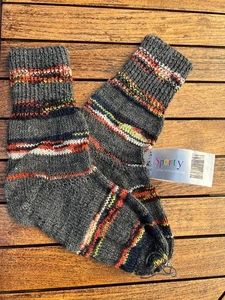 Handgestrickte Wollsocken Gr. 36/37,  grau-bunt geringelt - Bild 1 von 1