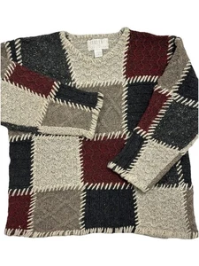 Vintage 90s Women's Wool Patchwork Sweater Hand Knit Boho Chunky Color Block - M - Picture 1 of 10