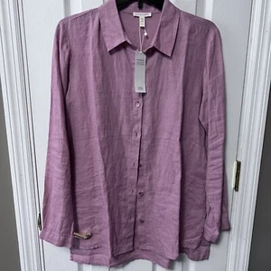 Eileen Fisher Classic Collar Easy Linen Button-Up Shirt Long Hi Lo Mango XXS 158 - Picture 1 of 12