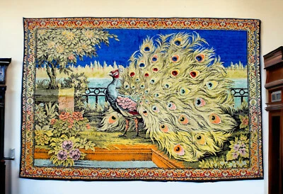 Peacock Pattern Vintage Wall Rug Rayon Tapestry 47" x 71" Vintage Wall hanging - Image 1 of 4