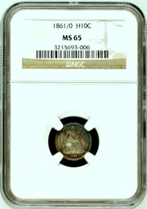 1861/0 NGC MS65 '1/0' Overdate Seated Half Dime H10c 5C - Picture 1 of 4