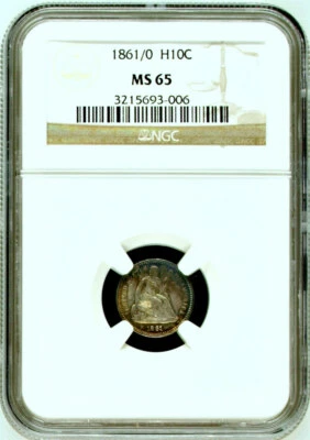 1861/0 NGC MS65 '1/0' Overdate Seated Half Dime H10c 5C - Image 1 of 4