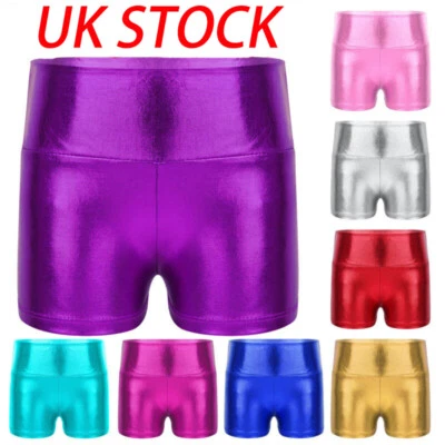 UK Kids Girls Metallic Shiny Dance Shorts Bottoms Activewear Sports Gymnastic - Image 1 of 3