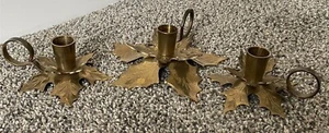 Vintage Brass Poinsettia Holly Leaf Taper Candle Holders Fingerloop Set of 3 - Picture 1 of 9
